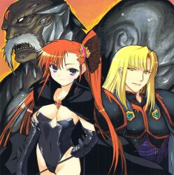 1girl 2boys aizel armor bare_legs black_armor black_cape black_gloves blonde_hair breasts cape cleavage dark-skinned_male dark_skin facial_hair gloves leather_suit medium_breasts multiple_boys mustache noce official_art orion_(orionproject) patton_misnarge ponytail rance_(series) rance_iii red_hair satella_(rance) smile white_facial_hair