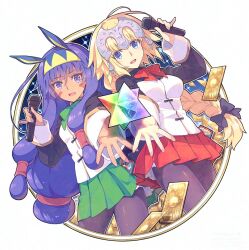 2girls alternate_costume animal_ears breasts dark-skinned_female dark_skin facepaint facial_mark fate/grand_order fate_(series) jackal_ears jeanne_d&#039;arc_(fate) jeanne_d&#039;arc_(ruler)_(fate) long_hair looking_at_viewer low-tied_long_hair microphone multiple_girls nitocris_(fate) open_mouth pantyhose pleated_skirt purple_eyes purple_hair saint_quartz_(fate) saipaco skirt small_breasts smile summon_ticket_(fate) white_background