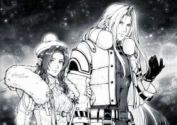 1boy 1girl aerith_gainsborough aerith_gainsborough_(fairy_of_snowfall) belt black_gloves breasts closed_mouth coat cropped_jacket dated final_fantasy final_fantasy_vii final_fantasy_vii_ever_crisis fur-trimmed_jacket fur_trim gloves grey_hair hair_ribbon hat hetero holding_another&#039;s_arm jacket kay-i light_blush light_smile long_bangs long_hair long_sleeves medium_breasts official_alternate_costume parted_bangs pom_pom_(clothes) ribbon sephiroth sephiroth_(natant_jacket) sidelocks sweater turtleneck turtleneck_sweater twitter_username upper_body wavy_hair white_hair white_hat white_jacket winter_clothes winter_coat