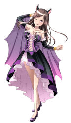 Rule 34 | 1girl, ;d, animal ears, arm behind head, bare legs, bare shoulders, bat costume, bat ears, bat wings, beatrice (princess principal), black detached sleeves, black dress, black hairband, breasts, brown hair, cleavage, collarbone, cross-laced clothes, cross-laced dress, detached sleeves, dress, fake animal ears, female focus, floating hair, frilled dress, frilled sleeves, frills, full body, hairband, hand up, head tilt, high heels, highres, large breasts, legs, long hair, multicolored dress, navel, neck, one eye closed, open mouth, pink eyes, princess principal, purple dress, purple footwear, simple background, smile, solo, standing, strapless, strapless dress, taniguchi gou, white background, wings, wink