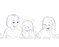 ._. 3girls :o anyoji_hime anyoji_hime_(summer_loungewear) balancing_on_nose bob_cut book braid center-flap_bangs commentary drawstring flying_sweatdrops green_eyes highres hood hoodie kachimachi_kosuzu kachimachi_kosuzu_(summer_loungewear) link!_like!_love_live! long_hair looking_at_another love_live! mechanical_pencil momose_ginko momose_ginko_(summer_loungewear) motion_lines multiple_girls open_book open_mouth pencil pipi_(m1x_mix) short_hair side_braids simple_background studying symbol-only_commentary upper_body v-shaped_eyebrows virtual_youtuber white_background