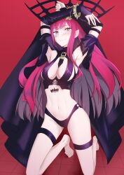 Rule 34 | 1girl, absurdres, adox442, arms up, baobhan sith (fate), baobhan sith (second ascension) (fate), barefoot, blush, bracelet, breasts, detached sleeves, fate/grand order, fate (series), grey eyes, highres, jewelry, kneeling, long hair, looking at viewer, navel, pink hair, pointy ears, red background, revealing clothes, sidelocks, smile, solo, spiked bracelet, spikes, thigh strap, veil