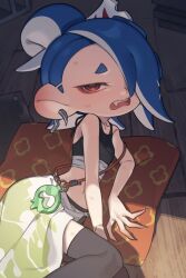 1girl absurdres black_bra black_shorts blue_hair bra breasts cephalopod_eyes chest_sarashi colored_extremities commentary_request earrings fang fingernails grey_thighhighs hair_bun hair_over_one_eye highres horizontal_pupils jewelry looking_at_viewer lying medium_hair midriff navel nintendo octoling official_alternate_costume on_side one_eye_covered open_mouth prat_rat sarashi sharp_fingernails shiver_(splatoon) shiver_(splatoon_raiders) shorts single_hair_bun small_breasts solo splatoon_(series) splatoon_raiders tentacle_hair thighhighs underwear