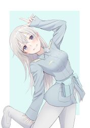 1girl absurdres blue_eyes blue_jacket blush boots breasts eila_ilmatar_juutilainen grey_hair highres jacket kumi_cure long_hair looking_at_viewer medium_breasts military military_uniform pantyhose simple_background smile solo standing strike_witches v white_boots white_pantyhose world_witches_series
