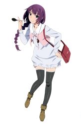 1girl absurdres bag black_thighhighs blue_dress blue_eyes blunt_ends braid braided_ponytail brown_shoes closed_mouth collarbone collared_dress dress eyelashes full_body hand_up highres lace_trim long_hair long_sleeves looking_at_viewer monogatari_(series) non-web_source official_art owarimonogatari pointing pointing_up purple_hair ribbed_thighhighs scan senjougahara_hitagi shoes short_dress shoulder_bag simple_background smile solo thighhighs watanabe_akio white_background zettai_ryouiki