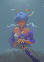 1girl absurdres animal_on_arm animalization bare_shoulders blue_hair breasts choker closed_eyes cowboy_shot detached_sleeves dress feathers head_wings highres honkai:_star_rail honkai_(series) long_hair medium_breasts purple_choker purple_dress robin_(honkai:_star_rail) short_sleeves standing strapless strapless_dress sunday_(honkai:_star_rail) two-tone_dress very_long_hair white_dress wings yingyingyingwobuyima