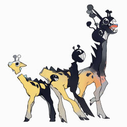 absurdres alternate_color antennae black_fur evolutionary_line farigiraf from_side full_body gen_2_pokemon girafarig grin highres keroreud nintendo no_humans pokemon pokemon_(creature) pokemon_focus shattered shiny_pokemon simple_background smile white_background yellow_fur