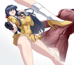 1girl absurdres agent_aika aika_(series) aiming aiming_at_viewer alternate_breast_size ass blue_hair blush bobby_socks breasts brown_eyes cleavage_cutout clothes_lift clothing_cutout crotch_seam curvy delmogeny_uniform dress dress_lift golden_delmo gun handgun high_heels highres holding juliet_sleeves large_breasts long_hair long_sleeves multiple_views panties pantyshot puffy_sleeves rie_petoriyacowa sin_(pixiv17875500) socks solo standing thong underwear weapon white_panties wide_hips wind wind_lift yellow_dress zoom_layer