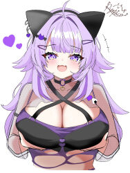 1girl absurdres ahoge animal_ears black_choker black_shirt breasts cat_ears cat_girl choker cleavage fake_animal_ears fang grabbing_own_breast hair_ornament hairpin heart highres hololive large_breasts long_hair nekomata_okayu nekomata_okayu_(personya_respect) o-ring o-ring_choker open_mouth purple_eyes purple_hair ryuuupico_24 shirt skin_fang solo virtual_youtuber