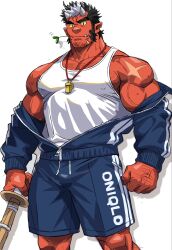 Rule 34 | 1boy, bara, black hair, colored sclera, colored skin, covered erect nipples, cowboy shot, facial hair, fang, highres, holding, holding sword, holding weapon, jacket, looking at viewer, male focus, multicolored hair, muscular, muscular male, oni, original, partially open jacket, pointy ears, red skin, shinai, simple background, solo, spiked hair, stubble, suamaru, sword, tank top, thick eyebrows, track jacket, track suit, two-tone hair, veins, veiny hands, weapon, whistle, whistle around neck, white background, white hair, white tank top, yellow sclera