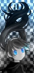 3girls black_hair black_rock_shooter black_rock_shooter_(character) blue_eyes blue_fire chain fire flaming_eye gureiti kuroi_mato long_hair multiple_girls pale_skin silhouette takanashi_yomi twintails