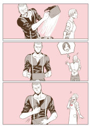 Rule 34 | 1boy, 2girls, apron, buzz cut, chocolate, claire redfield, comic, cooking, jake muller, monochrome, multiple girls, phone, pot, resident evil, resident evil 2, resident evil 6, sherry birkin, short hair, very short hair, yopi