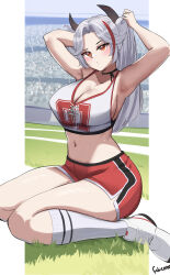 Rule 34 | 1girl, absurdres, adjusting hair, armpits, azur lane, black choker, breasts, choker, cleavage, closed mouth, commentary, english commentary, febicoron, field, full body, grass, highres, kneehighs, large breasts, long hair, looking at viewer, midriff, navel, orange eyes, outdoors, presenting armpit, prinz eugen (azur lane), prinz eugen (brilliant touchdown) (azur lane), red shorts, shorts, sitting, socks, solo, wariza, white hair, white socks