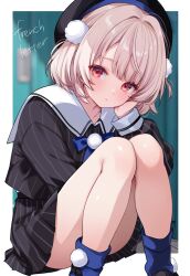 1girl absurdres beret black_hat black_shirt blonde_hair blue_skirt blue_socks border commentary_request fujisaki_hikari hair_ornament hat head_rest highres knees_together_feet_apart knees_up looking_at_viewer miniskirt outside_border pinstripe_pattern pinstripe_shirt pinstripe_skirt pom_pom_(clothes) pom_pom_hair_ornament red_eyes sailor_collar shirt short_hair skirt socks solo striped_clothes striped_shirt striped_skirt thighs ui_(voisona) vertical-striped_clothes vertical-striped_shirt vertical-striped_skirt voisona white_border white_sailor_collar
