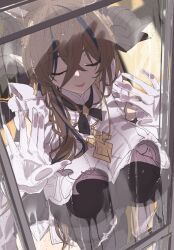 1girl 218 breast_press breasts brown_hair closed_eyes dress frills galleon_(granblue_fantasy) gloves granblue_fantasy hair_between_eyes jewelry large_breasts multicolored_hair necklace open_mouth ribbon streaked_hair unfinished wet white_dress white_gloves window