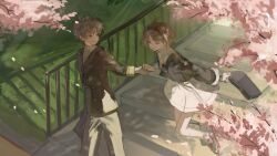 1boy 1girl black_jacket black_shoes brown_eyes brown_hair cardcaptor_sakura cherry_blossoms closed_eyes grey_pants grin highres holding holding_hands holding_suitcase jacket kinomoto_sakura li_syaoran o_suna open_mouth pants shoes short_hair skirt smile suitcase teeth walking white_skirt