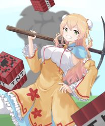 1girl :d absurdres blonde_hair blue_sky bun_cover capelet cloud detached_sleeves double_bun dress eightbatoidea explosive floral_print flower frills green_eyes hair_bun hair_flower hair_ornament hand_on_own_hip highres holding holding_pickaxe hololive light_blush long_hair looking_at_viewer minecraft momosuzu_nene multicolored_dress mushroom_cloud open_mouth over_shoulder pickaxe sky smile smoke solo tnt tnt_block_(minecraft) virtual_youtuber white_flower white_legwear