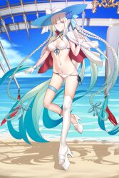 1girl absurdres alternate_costume beach bikini blue_eyes blue_hair blue_sky braid breasts cleavage fate/grand_order fate_(series) flower full_body gradient_hair hair_flower hair_ornament hair_ribbon hat high_heels highres jacket jacket_on_shoulders large_breasts long_hair longdq3008 looking_at_viewer morgan_le_fay_(fate) morgan_le_fay_(water_princess)_(fate) multicolored_hair platform_heels ponytail ribbon shore sidelocks single_thighhigh sky solo stomach_tattoo sun_hat swimsuit tattoo thigh_strap thighhighs twin_braids very_long_hair white_bikini white_hair white_hat white_jacket white_thighhighs