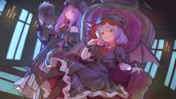 2girls absurdres alternate_color alternate_costume armchair bat_wings black_dress black_headwear black_pantyhose black_shirt black_skirt book candle chair crossed_legs dress frilled_skirt frills hat highres holding holding_book kinamielise mob_cap multiple_girls pantyhose patchouli_knowledge poker_chip purple_eyes purple_hair red_eyes red_footwear remilia_scarlet shirt short_sleeves sitting skirt touhou wings wrist_cuffs