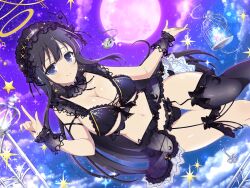 black_hair black_pantyhose blue_eyes breasts choker cleavage earrings full_moon garter_straps hairband halo jewelry key large_breasts moon nail_polish navel official_art panties pantyhose pocket_watch ryouki_(senran_kagura) senran_kagura senran_kagura_new_link sky star_(sky) starry_sky thighhighs underwear watch