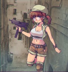 1girl arimura_marron bare_shoulders belt breasts brown_belt brown_hair brown_hat brown_shorts brown_vest cleavage collarbone crop_top dated fio_germi glasses gun hashtag-only_commentary hat highres holding holding_gun holding_weapon knee_pads large_breasts looking_at_viewer mac-10/11 medium_hair metal_slug midriff navel open_clothes open_vest ponytail round_eyewear shorts solo standing standing_on_one_leg submachine_gun tank_top vest weapon white_tank_top wristband