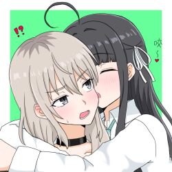 Rule 34 | !?, 2girls, ahoge, arms around neck, awa subaru, black choker, black hair, blush, border, choker, closed eyes, collared shirt, commentary request, girls band cry, green background, grey eyes, grey hair, hair ribbon, heart, highres, kawaragi momoka, long hair, multicolored hair, multiple girls, open mouth, outside border, ribbon, roots (hair), shirt, translation request, white border, white ribbon, white shirt, xiaoyu (xiaoyu0308), yuri
