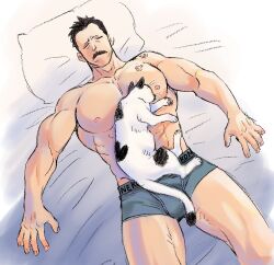 Rule 34 | 1boy, abs, animal, animal on lap, bara, billy russell (dickfish), boxers, bulge, cat, cat on lap, dickfish (fishismdick), facial hair, feet out of frame, from above, highres, large pectorals, lying, male focus, male underwear, mature male, muscular, muscular male, mustache, nipples, on back, on lap, original, pectorals, short hair, sleeping, solo, thick eyebrows, thick thighs, thighs, topless male, underwear