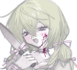 1girl :d aegyo_sal blonde_hair blood blood_on_cheek blood_on_clothes blood_on_face bow choker collarbone crossed_bangs double-parted_bangs fang frilled_choker frills grey_choker grey_shirt hair_between_eyes hair_ribbon half-closed_eyes hand_up highres holding holding_knife knife long_hair looking_at_viewer low_twintails meidodown open_mouth original pink_bow pink_eyes pink_ribbon portrait reverse_grip ribbon shirt simple_background skin_fang smile solo tongue twintails white_background