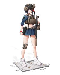 1girl :/ absurdres ammunition_pouch arm_at_side assault_rifle belt black_hair blue_eyes blue_sailor_collar blue_serafuku blue_shirt blue_skirt bracelet bright_pupils clenched_hand closed_mouth combat_helmet commentary english_commentary faux_figurine gun hair_between_eyes handgun helmet high_tops highres holding holding_gun holding_weapon holster holstered jestami jewelry kill_la_kill knee_pads load_bearing_vest looking_at_viewer magazine_(weapon) matoi_ryuuko midriff miniskirt multicolored_hair navel pleated_skirt pouch red_hair rifle sailor_collar school_uniform serafuku shell_casing shirt shoes short_hair signature simple_background single_knee_pad skirt sneakers solo standing streaked_hair suppressor suspender_skirt suspenders trigger_discipline walkie-talkie weapon weapon_request white_background white_pupils white_shoes