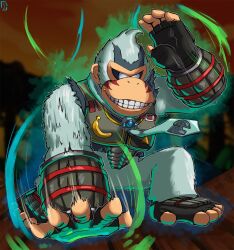 1boy alternate_color alternate_costume alternate_eye_color alternate_fur_color armor aura banana banana_print barrel belt belt_buckle blue_gemstone brown_footwear buckle chest_jewel commentary corruption crossover dark_persona donkey_kong donkey_kong_(series) double_helix english_commentary english_text evil_grin evil_smile facial_mark facial_tattoo fierce_deity fingerless_gloves food food_print fruit fruit_print furry gem gloves glowing gorilla gorilla_boy grin ground_pound hal_laboratory highres kneeling letter_print looking_at_viewer male_focus necktie nintendo no_pupils outdoors possessed possession slam smile stoic_seraphim sunset super_smash_bros. tattoo teeth the_legend_of_zelda the_legend_of_zelda:_majora&#039;s_mask toeless_footwear tree triangle triangle_print white_eyes white_fur wrist_guards