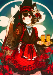 1girl alternate_costume animal_ear_fluff animal_ears apron azur_lane black_hair cat_ears enmaided fox_mask hair_ornament headgear japanese_clothes lips maid maid_headdress mask red_eyes senryoko short_hair tea tray wa_maid wide_sleeves yamashiro_(azur_lane)