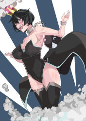 1girl bare_shoulders black_dress black_hair black_legwear bracelet breasts chain chain_leash collar dress female_focus hair_between_eyes hands_up highres huge_breasts jewelry julioalqae leash mario_(series) new_super_mario_bros._u_deluxe nintendo open_mouth princess_chain_chomp red_eyes sharp_teeth simple_background smoke solo standing super_crown teeth