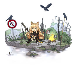 1girl animal_ears arknights axe bird black_bird black_footwear brown_hair ceobe_(arknights) cocopeace crow dog_ears dog_girl dog_tail eyelashes fang fireplace fishing fishing_rod gun hatchet_(axe) highres holding holding_fishing_rod lily_pad long_hair moss mushroom open_mouth rebel sign simple_background sitting sword tail weapon white_background