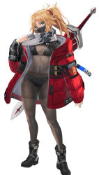 1girl absurdres black_bra black_panties blonde_hair bodystocking bra braid breasts covered_navel fate/apocrypha fate_(series) full_body green_eyes half_up_braid highres jacket long_hair long_sleeves looking_at_viewer mask mordred_(fate) mordred_(fate/apocrypha) mouth_mask panties parted_bangs ponytail red_jacket scarf sidelocks small_breasts solo tonee underwear variant_set white_scarf
