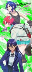 1boy 2girls amate_yuzuriha aqua_eyes blue_hair collared_shirt colored_inner_hair gloves gundam gundam_gquuuuuux highres jacket long_hair long_sleeves looking_at_viewer misaki_(misaki_caca) multicolored_hair multiple_girls necktie nyaan_(gundam_gquuuuuux) ponytail profile purple_hair red_eyes red_hair school_uniform shirt shoes short_hair shuji_ito skirt sleeveless sweater tank_top two-tone_hair wireless_earphones yellow_eyes