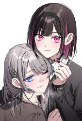 2girls black_cardigan black_hair black_hairband black_nails blue_eyes blush cardigan chinese_commentary closed_mouth colored_inner_hair commentary_request couple earrings finger_heart gradient_nails grey_hair hair_ornament hairband hairclip highres jewelry jovei long_hair looking_at_viewer multicolored_hair multiple_girls nail_polish pink_eyes pink_hair purple_nails saotome_shino_(shino_to_ren) school_uniform shino_to_ren shirayuki_ren short_hair smile yuri