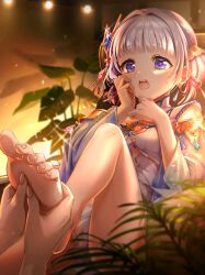 1girl baizu_(guszx) barefoot blue_eyes blush breasts detached_sleeves dress feet foot_focus foot_massage full_body gem grey_hair hair_ornament hair_ribbon hand_on_own_cheek hand_on_own_face highres indoors leg_up long_sleeves massage medium_hair open_mouth plant red_ribbon ribbon shironeko_project sitting small_breasts soles solo spotlight sweat thighs tina_topia toenails twintails