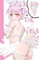 1girl alternate_costume angel_wings ass back bandaged_arm bandaged_leg bandages bare_back bare_shoulders blue_archive blush breasts butt_crack chest_sarashi closed_mouth crossed_arms double_bun english_text feet_out_of_frame hair_bun hair_ornament hairclip halloween halloween_costume halo highres long_hair looking_at_viewer looking_to_the_side mechanical_halo medium_breasts mika_(blue_archive) nude pink_hair pink_halo sarashi sideboob simple_background smile solo standing trick_or_treat user_mwxd2354 white_wings wings yellow_eyes