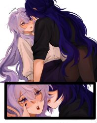 Rule 34 | 2girls, absurdres, acheron (honkai: star rail), black pantyhose, black shirt, black swan (honkai: star rail), commentary, english commentary, hand on another&#039;s face, highres, honkai: star rail, honkai (series), junmilk00, long hair, long sleeves, multiple girls, pantyhose, parted lips, purple eyes, purple hair, purple skirt, shirt, simple background, skirt, sleeves rolled up, sweatdrop, white background, white shirt, yuri