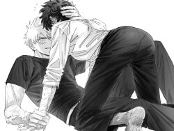 2boys bakugou_katsuki belt boku_no_hero_academia facial_scar greyscale grin hand_on_another&#039;s_head hand_on_another&#039;s_wrist highres kneeling leaning leaning_back looking_at_viewer looking_up male_focus midoriya_izuku monochrome multiple_boys multiple_scars nono0o715 pants parted_bangs sanpaku scar scar_on_arm scar_on_cheek scar_on_face shirt short_hair short_sleeves simple_background sleeves_rolled_up smile socks t-shirt teeth white_background yaoi