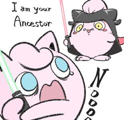 :o animal_focus blue_eyes colored_skin darth_vader energy_sword fangs gen_1_pokemon helmet highres holding holding_sword holding_weapon horrified jigglypuff jigglypuffhatta lightsaber looking_at_another multiple_others nintendo no_humans parody pink_skin pokemon pokemon_(creature) pun scream_tail standing star_wars star_wars:_the_empire_strikes_back surprised sword tears trait_connection wavy_mouth weapon white_background yellow_eyes