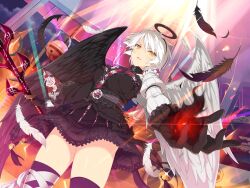 1girl angel_wings asymmetrical_sleeves asymmetrical_wings bell black_choker black_feathers black_fire black_gloves black_hairband black_halo black_skirt black_sleeves black_thighhighs black_wings blush breasts choker cloud cloudy_sky detached_sleeves falling_feathers feathered_wings feathers fire floral_print_shirt floral_print_sleeves frilled_gloves frilled_shirt frilled_skirt frilled_sleeves frills from_below gloves hair_between_eyes hairband halo holding holding_sword holding_weapon indoors japanese_clothes jingle_bell juliet_sleeves large_breasts leg_ribbon lens_flare light_particles light_rays long_sleeves looking_at_viewer miniskirt mismatched_sleeves mismatched_wings miyabi_(senran_kagura) night night_sky non-web_source obi obijime official_alternate_costume official_art open_mouth parted_lips pleated_skirt puffy_sleeves ribbon sash senran_kagura senran_kagura_new_link senran_kagura_shinovi_versus seven-branched_sword shirt short_hair skirt sky slit_pupils solo sparkle standing star_(sky) swept_bangs sword tassel temple thigh_ribbon thighhighs tomoe_(symbol) tsuba_(guard) tsuka_(handle) v-shaped_eyebrows weapon white_feathers white_hair white_ribbon white_sleeves white_wings wide_sleeves wings yaegashi_nan yellow_eyes
