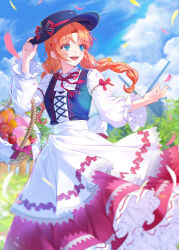1girl :d absurdres apple apron basket blue_eyes blue_sky bow braid cloud commission day flower food frills fruit hair_ornament hat highres long_hair long_skirt long_sleeves neck_ribbon open_mouth orange_hair original outdoors parted_bangs red_ribbon ribbon shirt skirt sky smile solo standing twin_braids waist_apron white_apron white_shirt yuhaw0v0