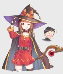 Rule 34 | 10s, 1boy, 1girl, alternate costume, bandages, belt, black hair, blush, brown eyes, brown hair, cape, collar, commentary request, cosplay, fingerless gloves, gloves, hat, highres, hika (cross-angel), karakai jouzu no takagi-san, kono subarashii sekai ni shukufuku wo!, long hair, looking at viewer, megumin, megumin (cosplay), nishikata, one eye closed, open mouth, school uniform, voice actor connection, single thighhigh, smile, staff, takagi-san, takahashi rie, thighhighs, witch hat