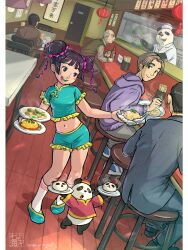 Rule 34 | 1girl, 6+boys, animal, aqua dress, bar stool, black eyes, black hair, blush, blush stickers, braid, brown hair, chair, china dress, chinese clothes, chinese restaurant, double bun, dress, dutch angle, food, frilled dress, frilled shorts, frills, hair bun, highres, holding, holding plate, indoors, lantern, midriff, multiple boys, nanami tomorou, navel, on chair, open mouth, original, panda, panda boy, plate, restaurant, seal script, shanghai neckline, short hair, shorts, sitting, smile, socks, stool, table, twin braids, walking, white socks, wooden floor