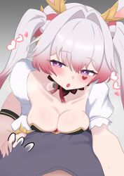 1boy 1girl absurdres animal_ears asymmetrical_clothes blush breast_press breasts cleavage collarbone duel_monster girl_on_top hair_between_eyes hair_intakes half-closed_eyes heart heart_tattoo highres large_breasts long_hair maliss_&lt;p&gt;_white_rabbit oldsickkim open_mouth pink_hair purple_eyes rabbit_ears rabbit_girl simple_background tattoo thigh_strap twintails yu-gi-oh!