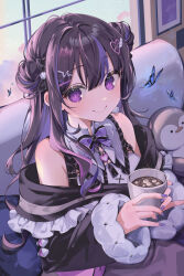 1girl :&gt; absurdres armpit_crease bare_shoulders black_bow black_jacket blue_butterfly blush bow bowtie bug butterfly closed_mouth colored_inner_hair commentary couch cup cushion detached_collar double_bun english_commentary fingernails food frilled_jacket frilled_shirt_collar frills from_above hair_between_eyes hair_bow hair_bun hair_ornament hairclip heart heart_hair_ornament highres holding holding_cup hot_chocolate indoors insect jacket light_particles long_fingernails long_hair long_sleeves looking_at_viewer looking_to_the_side looking_up marshmallow mikure_narin multicolored_hair nail_polish off_shoulder on_couch picture_frame pink_hair pink_pupils pinky_out purple_bow purple_bowtie purple_eyes purple_hair purple_nails raised_eyebrows shirt sidelocks sideways_glance sitting smile solo sparkle steam streaked_hair striped_bow striped_bowtie striped_clothes stuffed_animal stuffed_penguin stuffed_toy thick_eyelashes upper_body virtual_youtuber vspo! vspo!_en white_shirt window x_hair_ornament xivi9