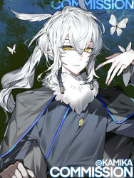 1boy abstract_background ahoge blue_trim bug butterfly cape coat dark_background elf english_text fur_collar grey_coat hair_over_one_eye hand_up head_tilt highres insect kamika long_hair long_sleeves looking_at_viewer male_focus messy_hair original pointy_ears ponytail portrait simple_background slit_pupils smirk solo tsurime upper_body watermark white_butterfly white_hair wide_sleeves yellow_eyes