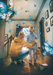 2boys bare_shoulders blonde_hair blue_butterfly bug butterfly commentary_request denim door from_behind full_body highres holding holding_stuffed_toy hood hoodie insect jeans kobone_awaki light light_particles male_focus multiple_boys original painting_(object) pajamas pants paper_airplane shoes short_hair sneakers squatting stuffed_animal stuffed_toy teddy_bear wooden_floor