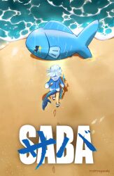 1girl akira_movie_poster artist_name beach blue_hair blue_hoodie commentary day english_commentary fins fish fish_tail footprints gawr_gura gawr_gura_(1st_costume) highres holding holding_polearm holding_weapon hololive hololive_english hood hoodie indie_virtual_youtuber medium_hair multicolored_hair ocean outdoors polearm poster_parody redteapanda sameko_saba sand shark_girl shark_tail streaked_hair tail trident two_side_up virtual_youtuber weapon white_hair